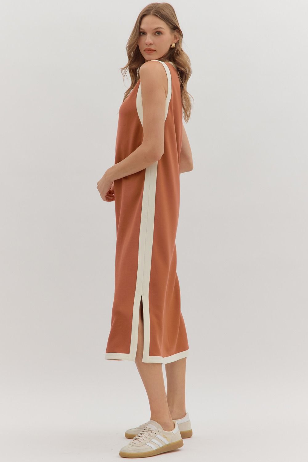 Contrast Stripe Midi Dress in Clay