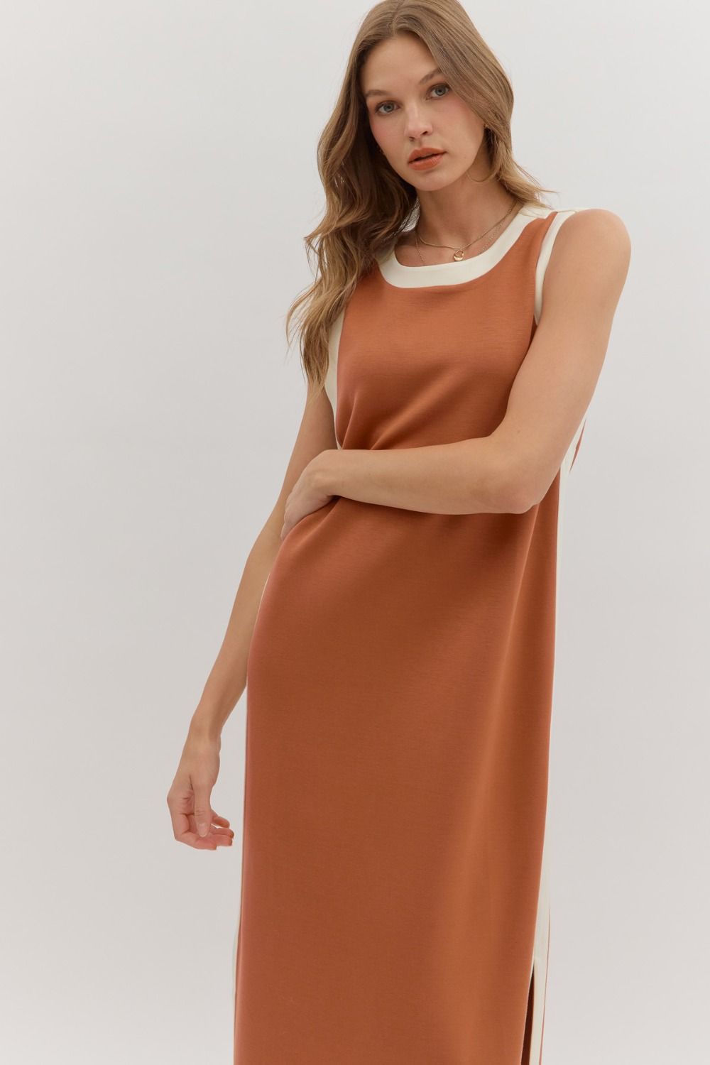 Contrast Stripe Midi Dress in Clay