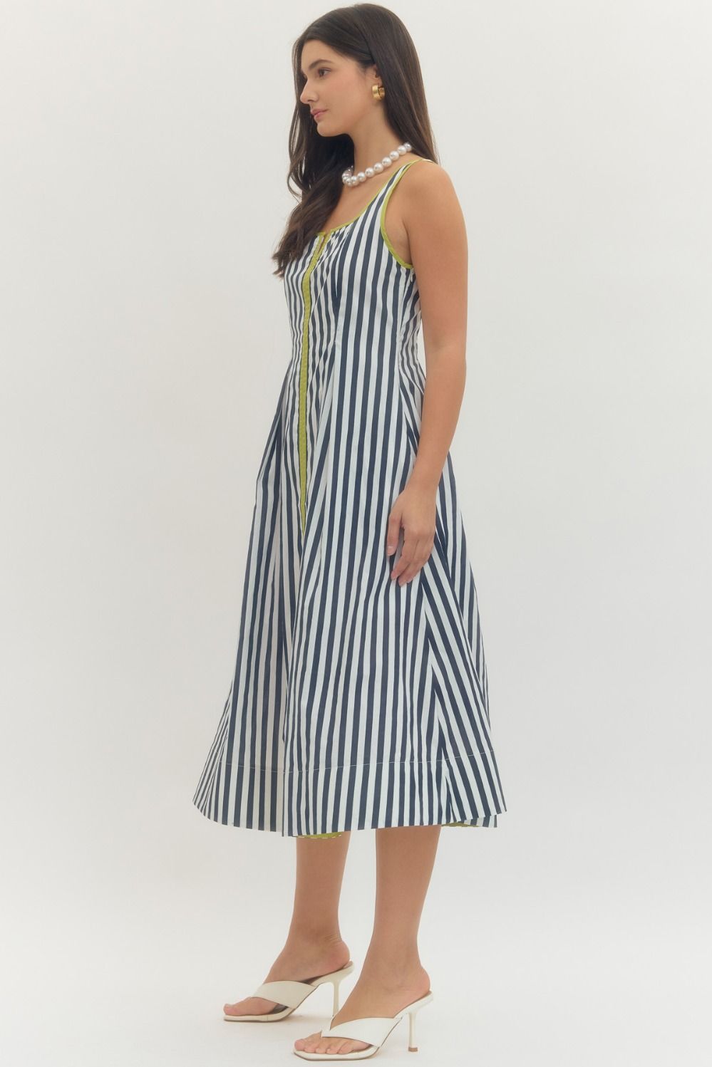 Stripe Sleeveless Midi Dress in Navy