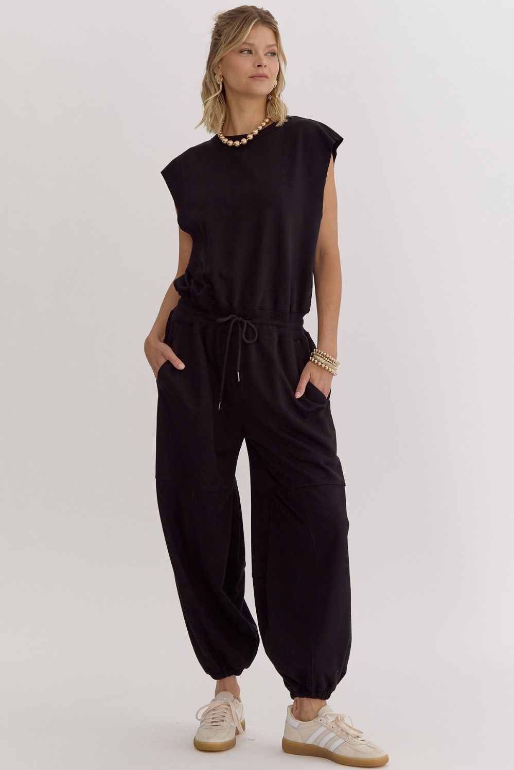 Short Sleeve Jogger Jumpsuit in Black