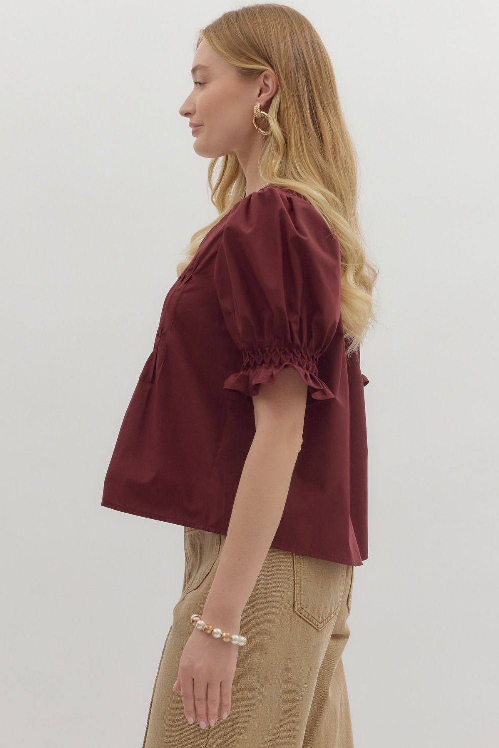 Woven Puff Sleeve Top in Burgundy