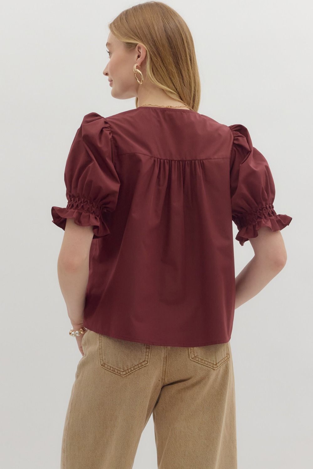 Woven Puff Sleeve Top in Burgundy