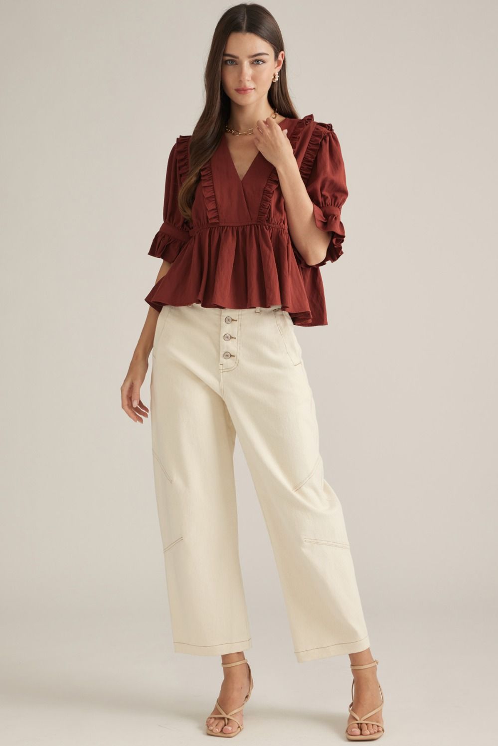 Ruffled V-Neck Top in Brick