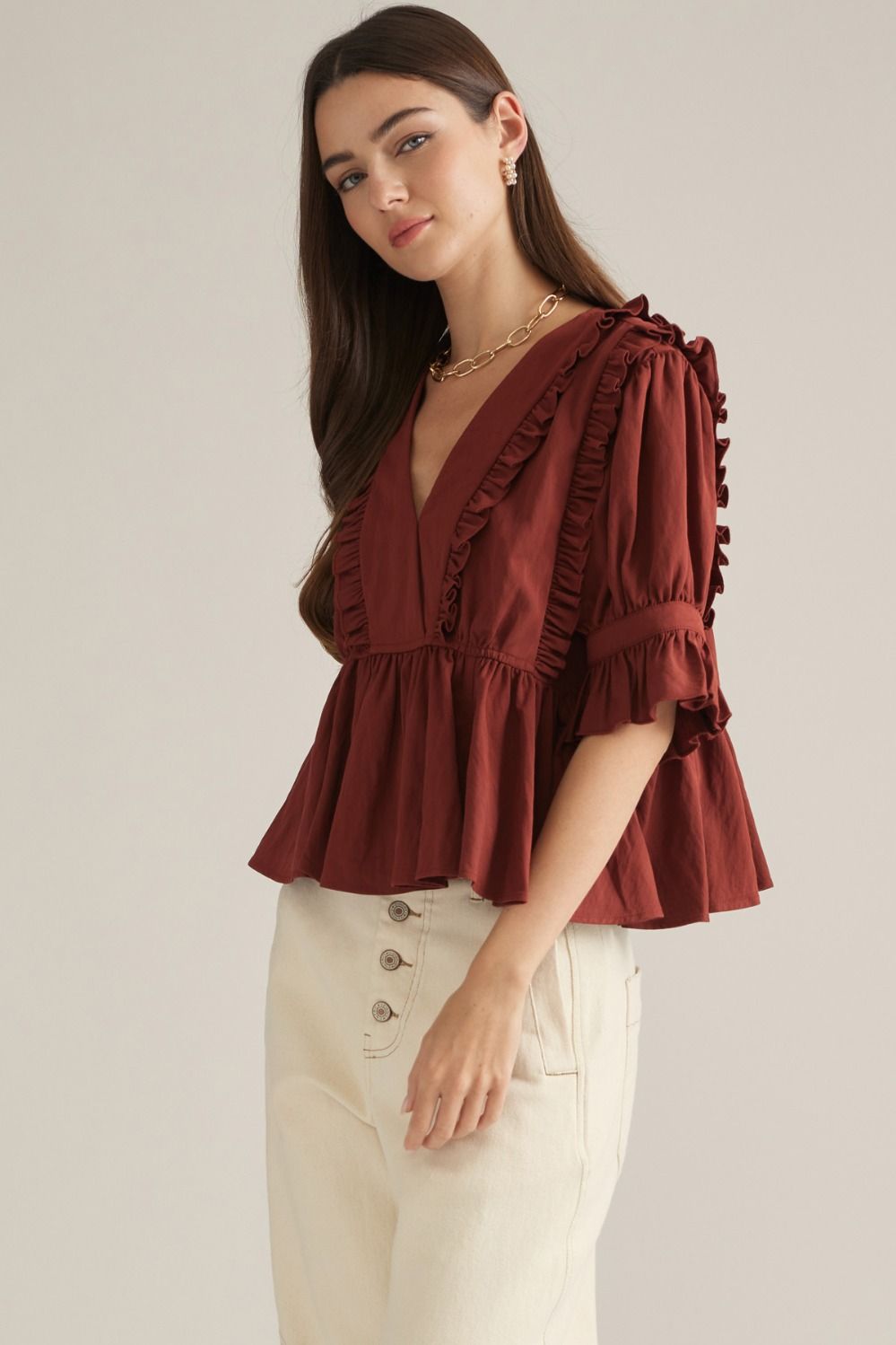 Ruffled V-Neck Top in Brick