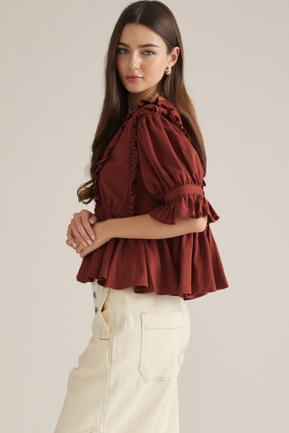 Ruffled V-Neck Top in Brick