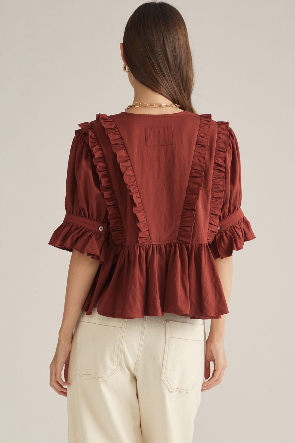 Ruffled V-Neck Top in Brick