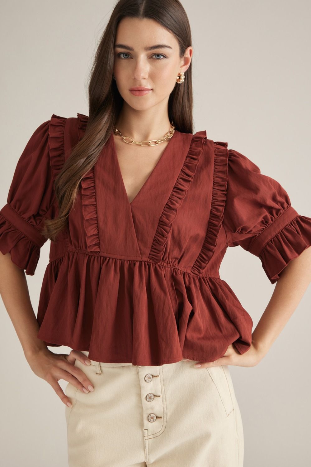 Ruffled V-Neck Top in Brick