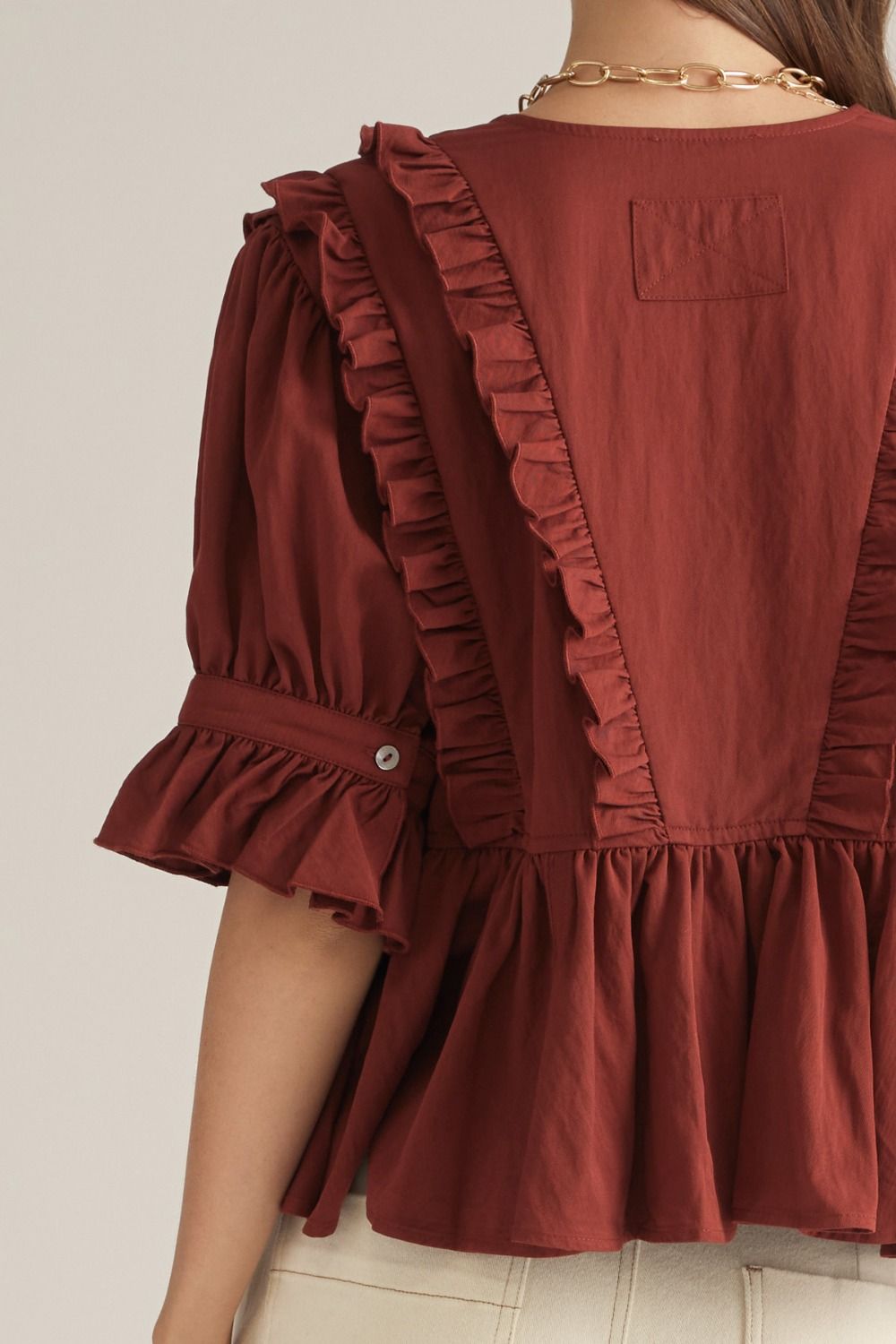 Ruffled V-Neck Top in Brick