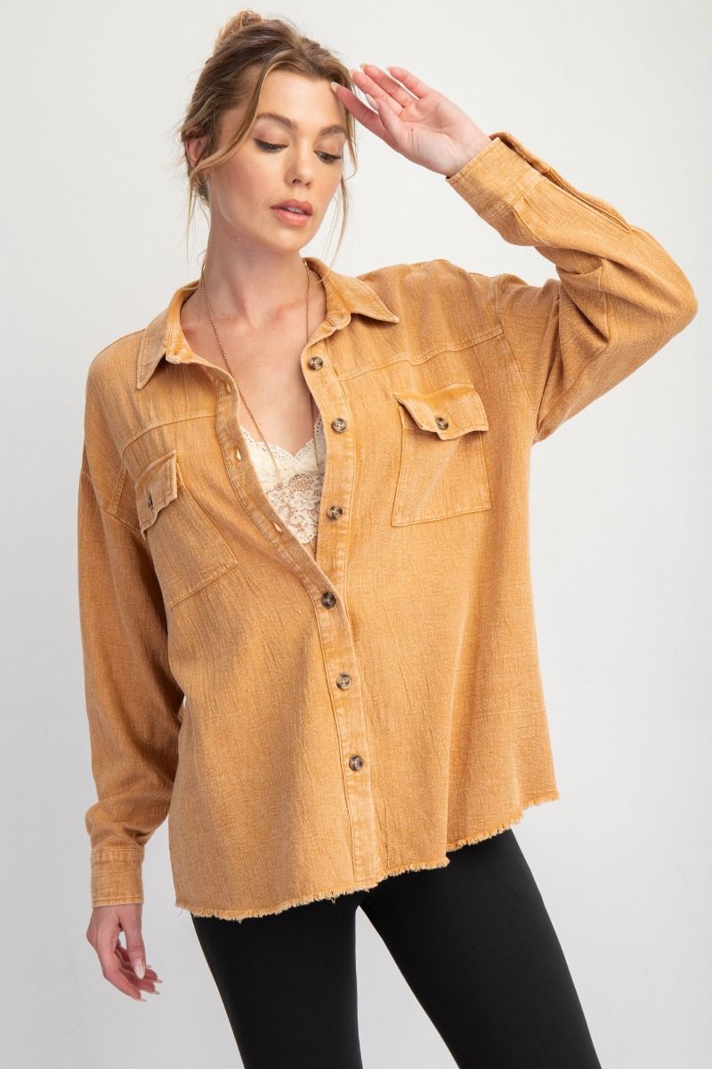 Mineral Washed Button-Down Shirt in Camel