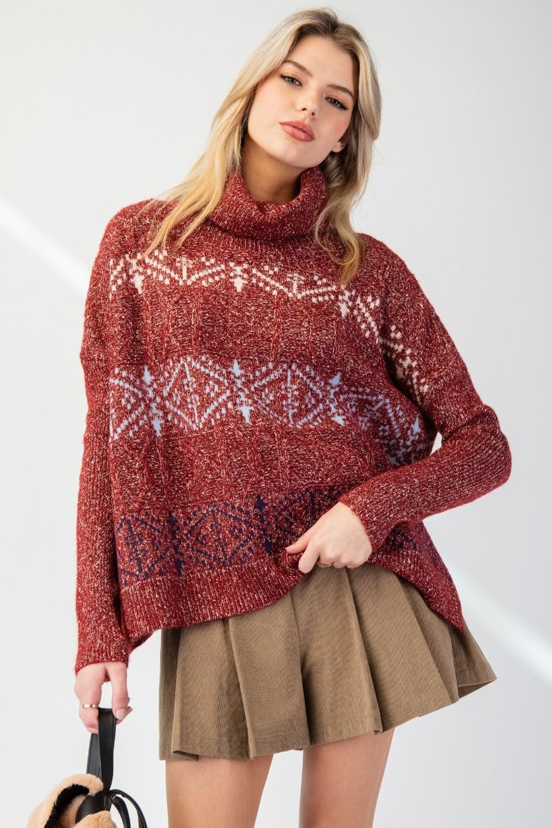 Turtleneck Knit Sweater Top in Chestnut