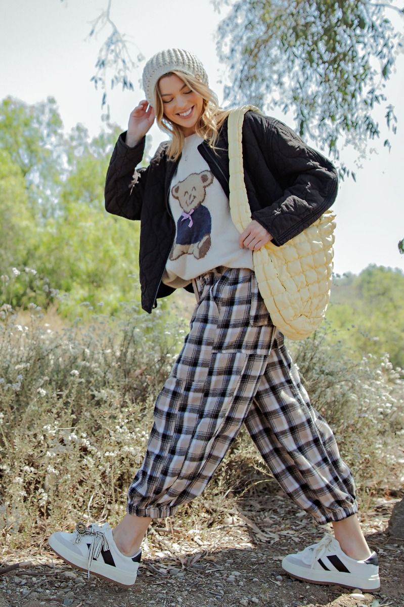Plaid Cropped Flannel Pants in Black/Natural