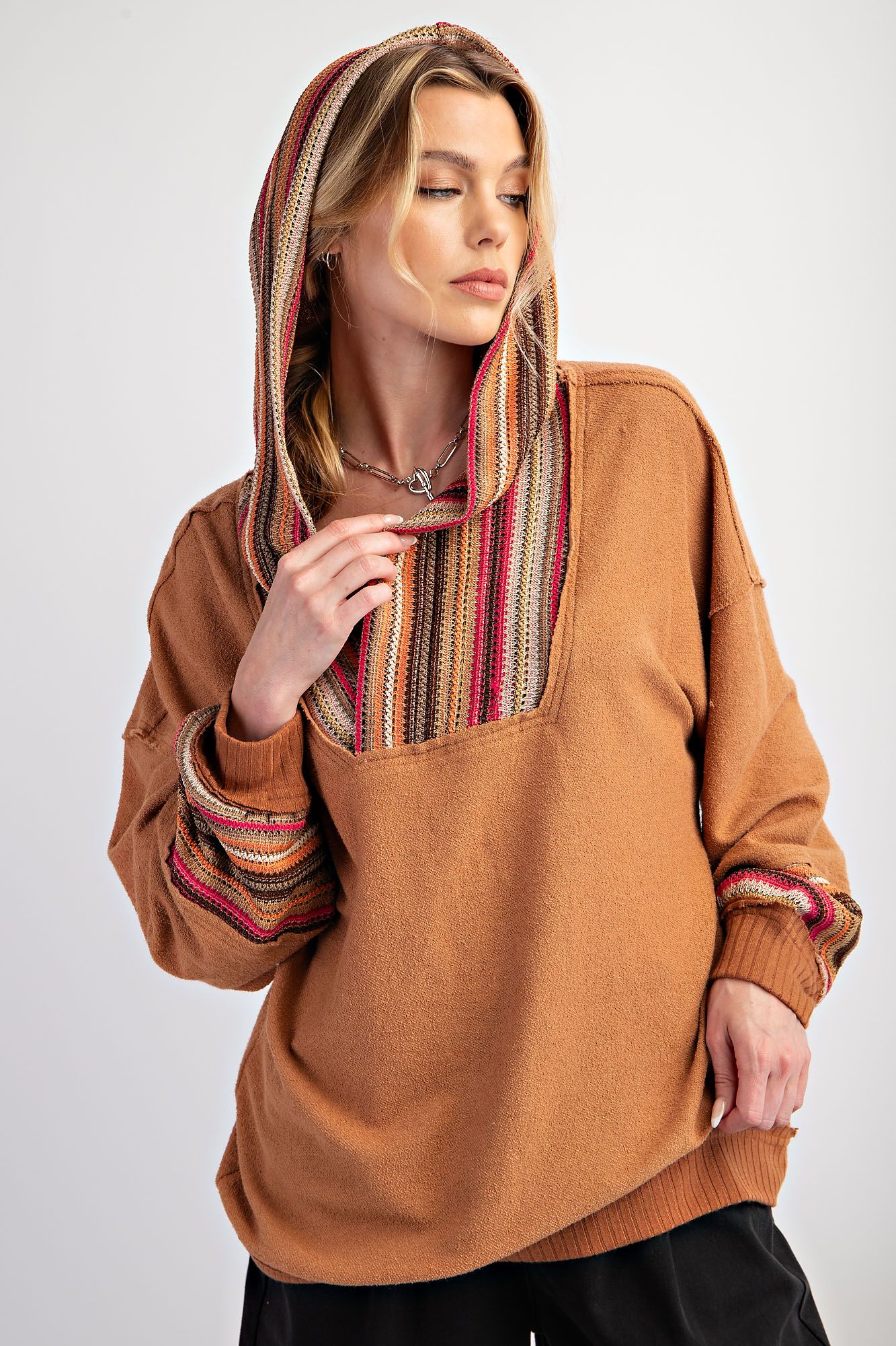 Multi-Colored Crochet Knit Pullover in Camel