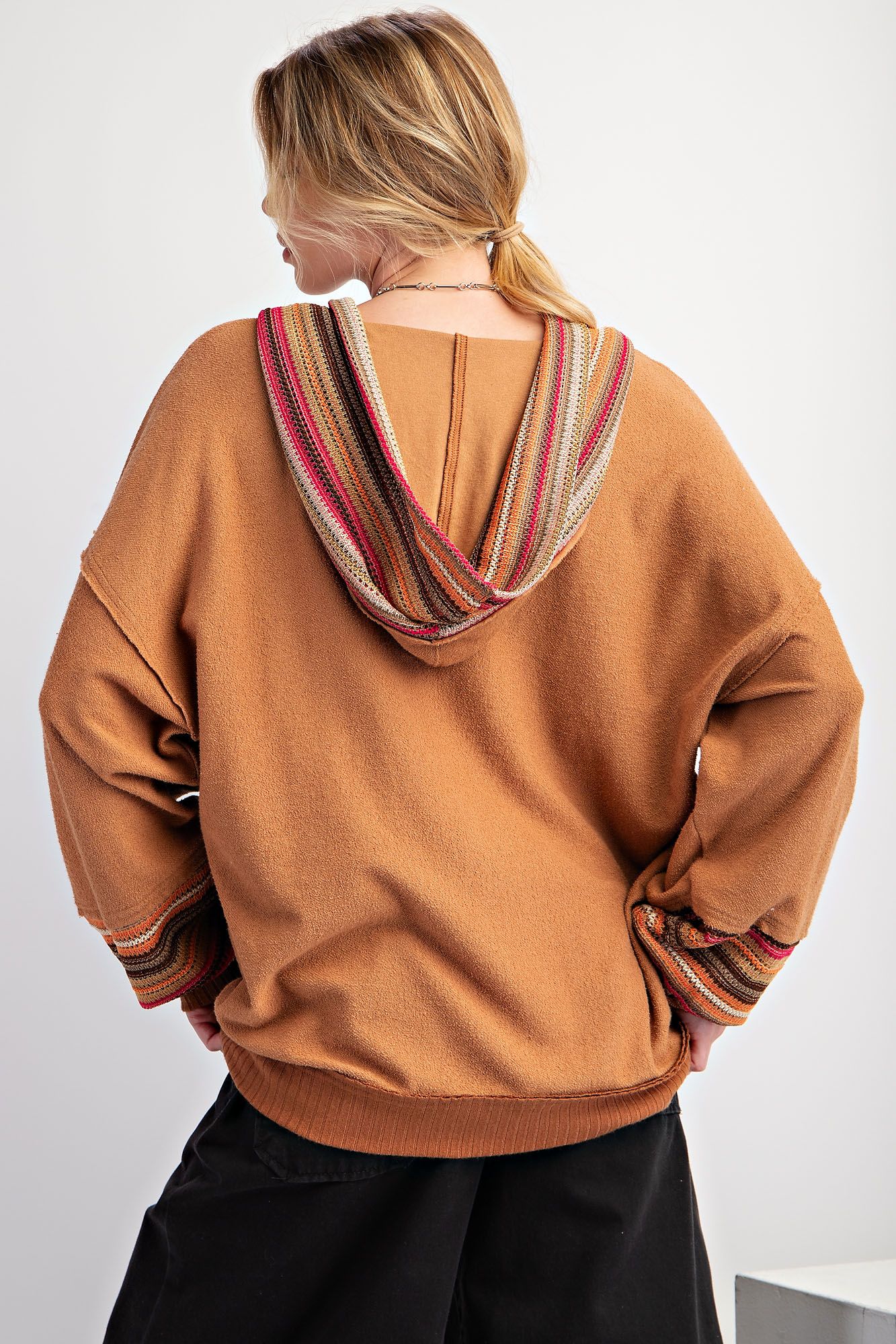 Multi-Colored Crochet Knit Pullover in Camel