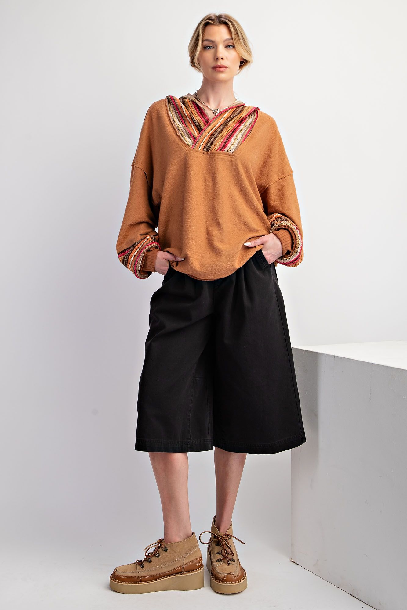 Multi-Colored Crochet Knit Pullover in Camel