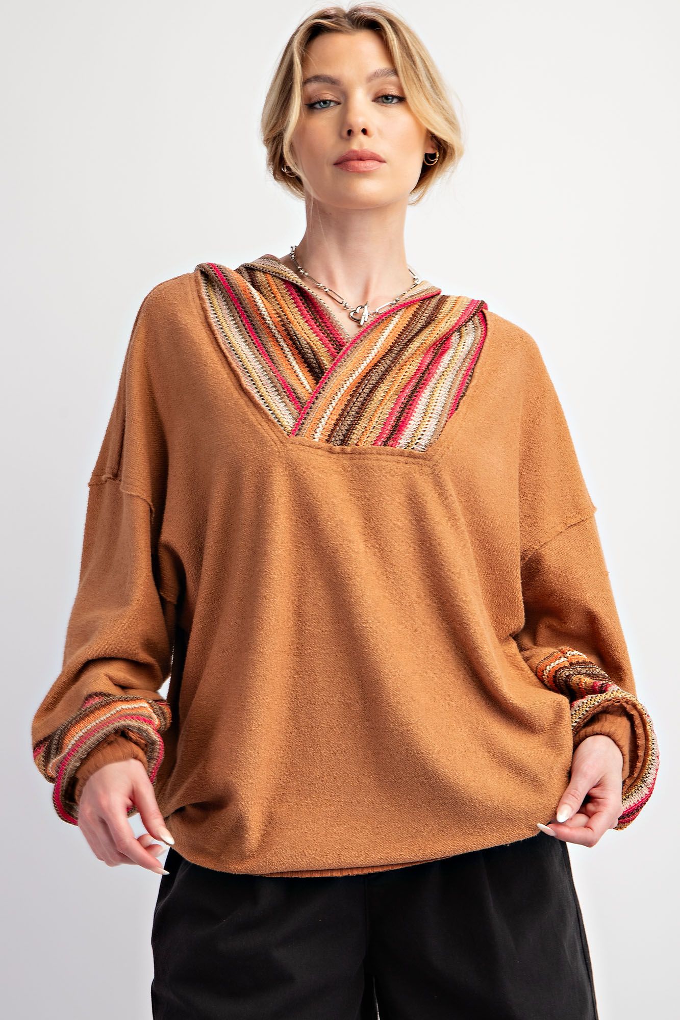 Multi-Colored Crochet Knit Pullover in Camel