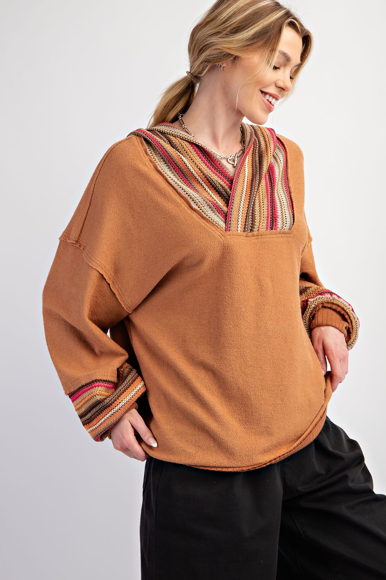 Multi-Colored Crochet Knit Pullover in Camel