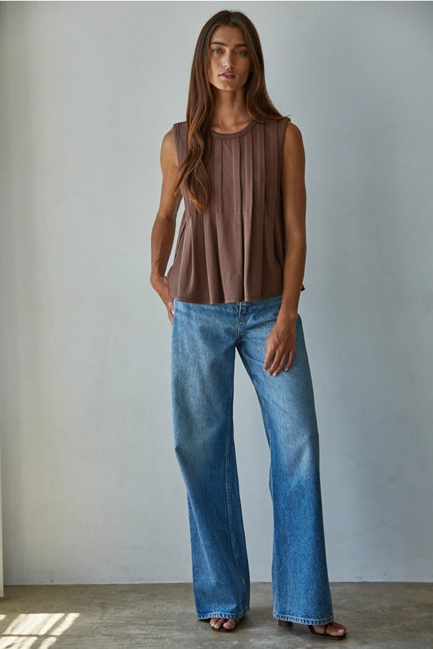 Pleated Knit Sleeveless Top in Chocolate