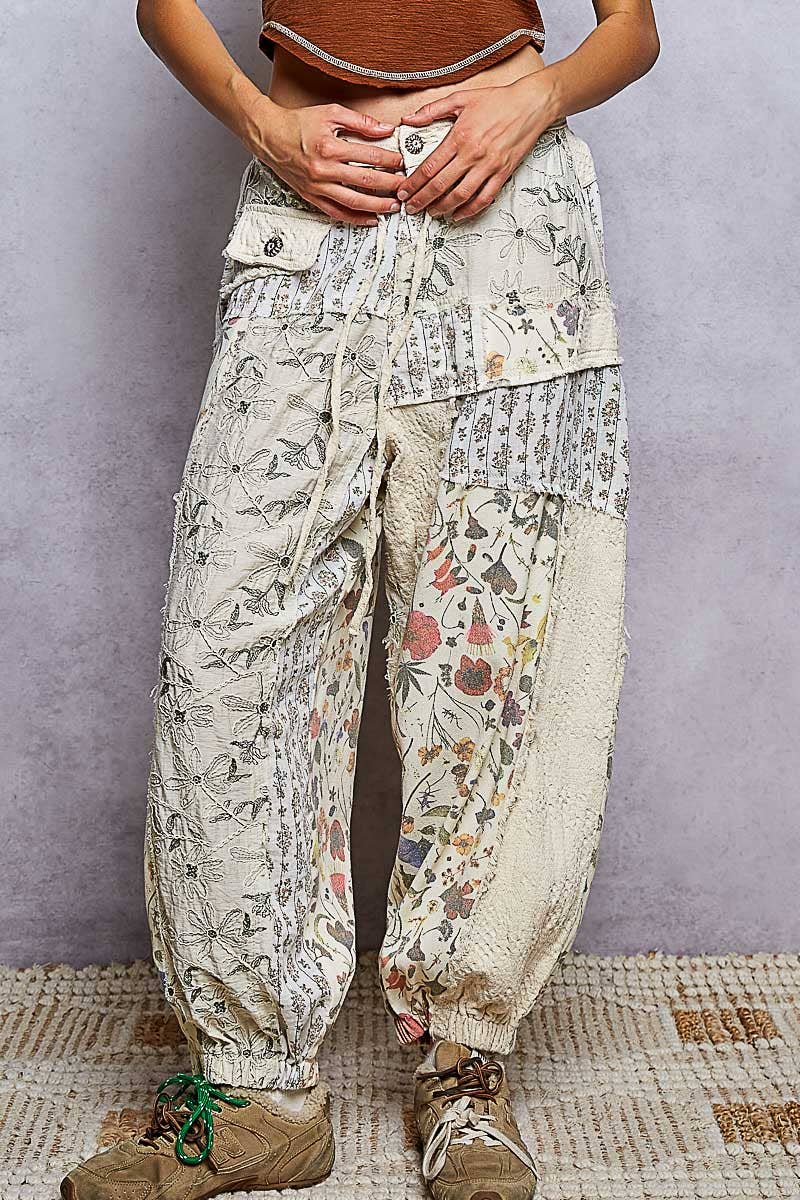 Jacquard Floral Twill Patch Waist Loop Jogger Pants