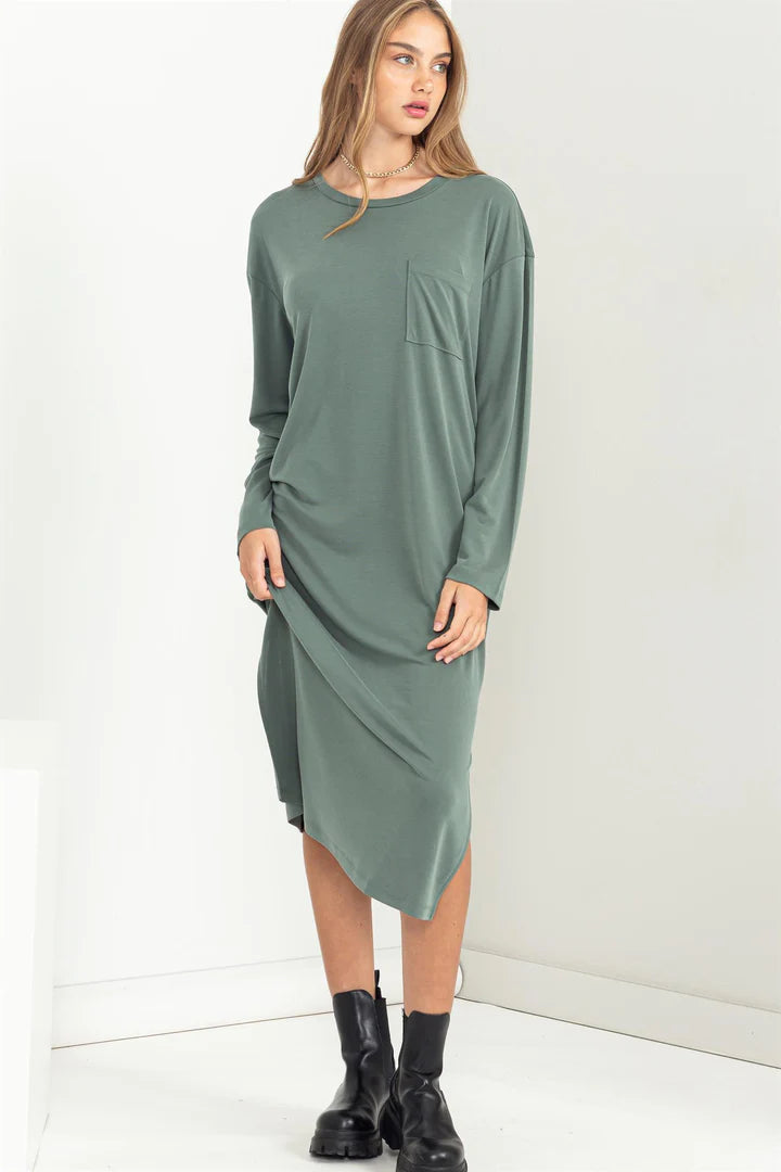 Long sleeve T-Shirt dress in Grey Green