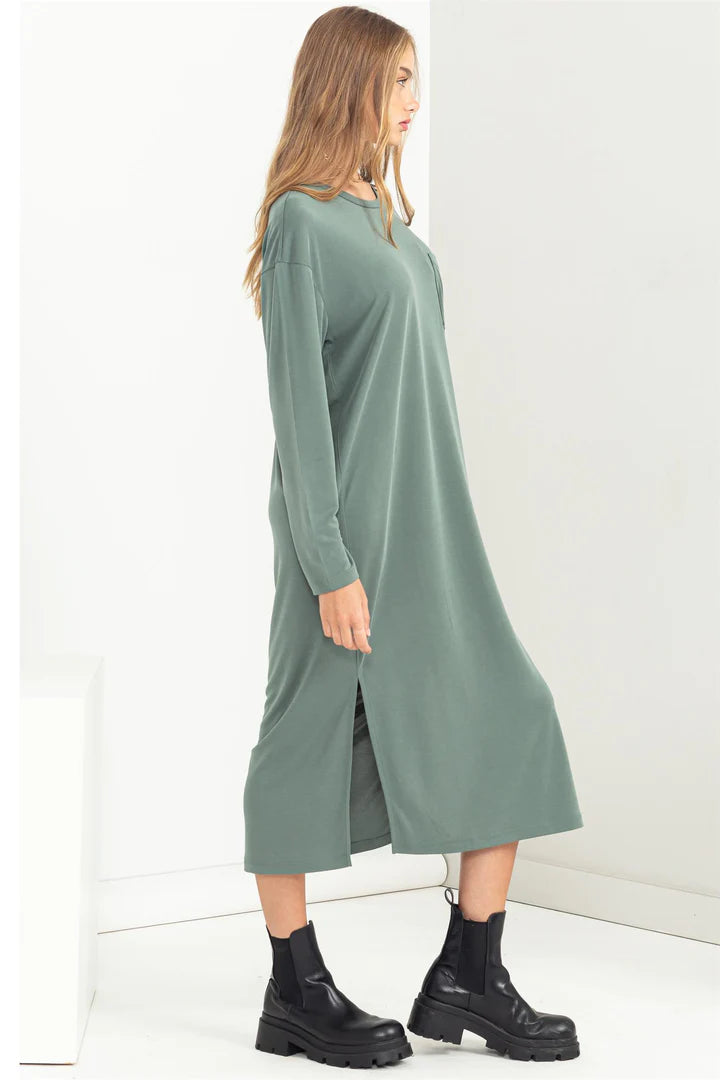 Long sleeve T-Shirt dress in Grey Green