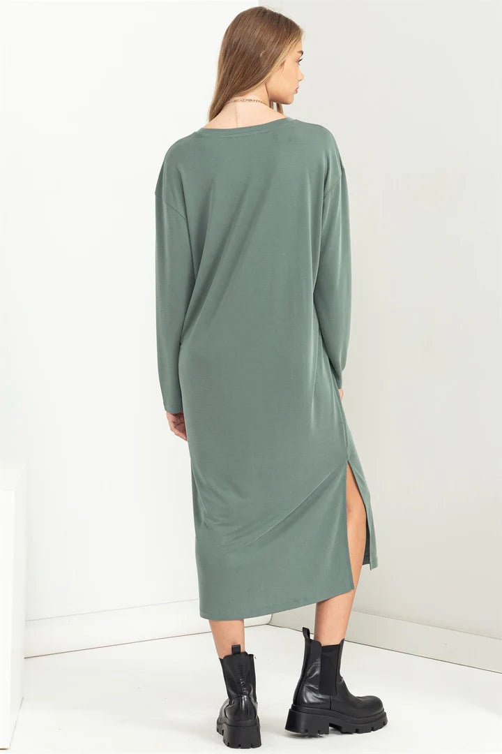 Long sleeve T-Shirt dress in Grey Green