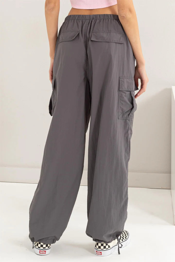 Mid Rise Parachute Cargo Pants in Gray
