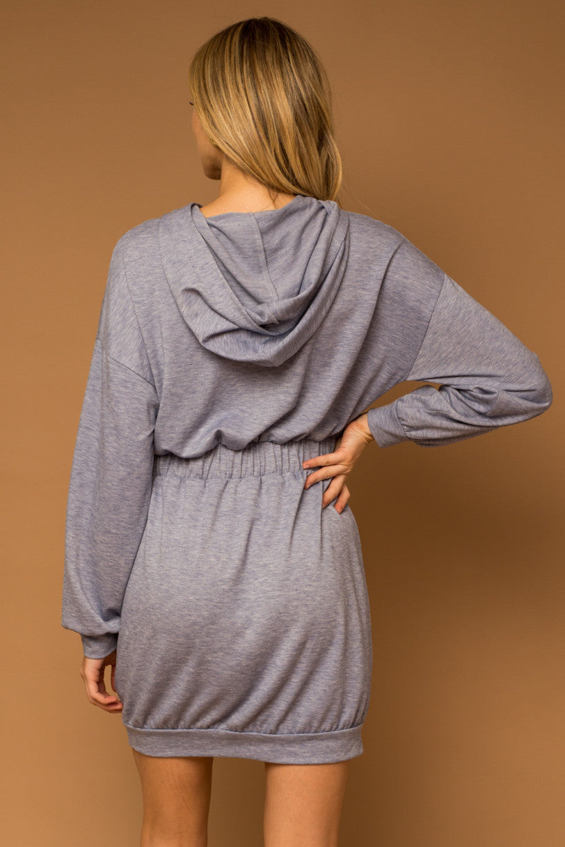 Hooded Kangaroo Pocket Dress in Heathered Denim