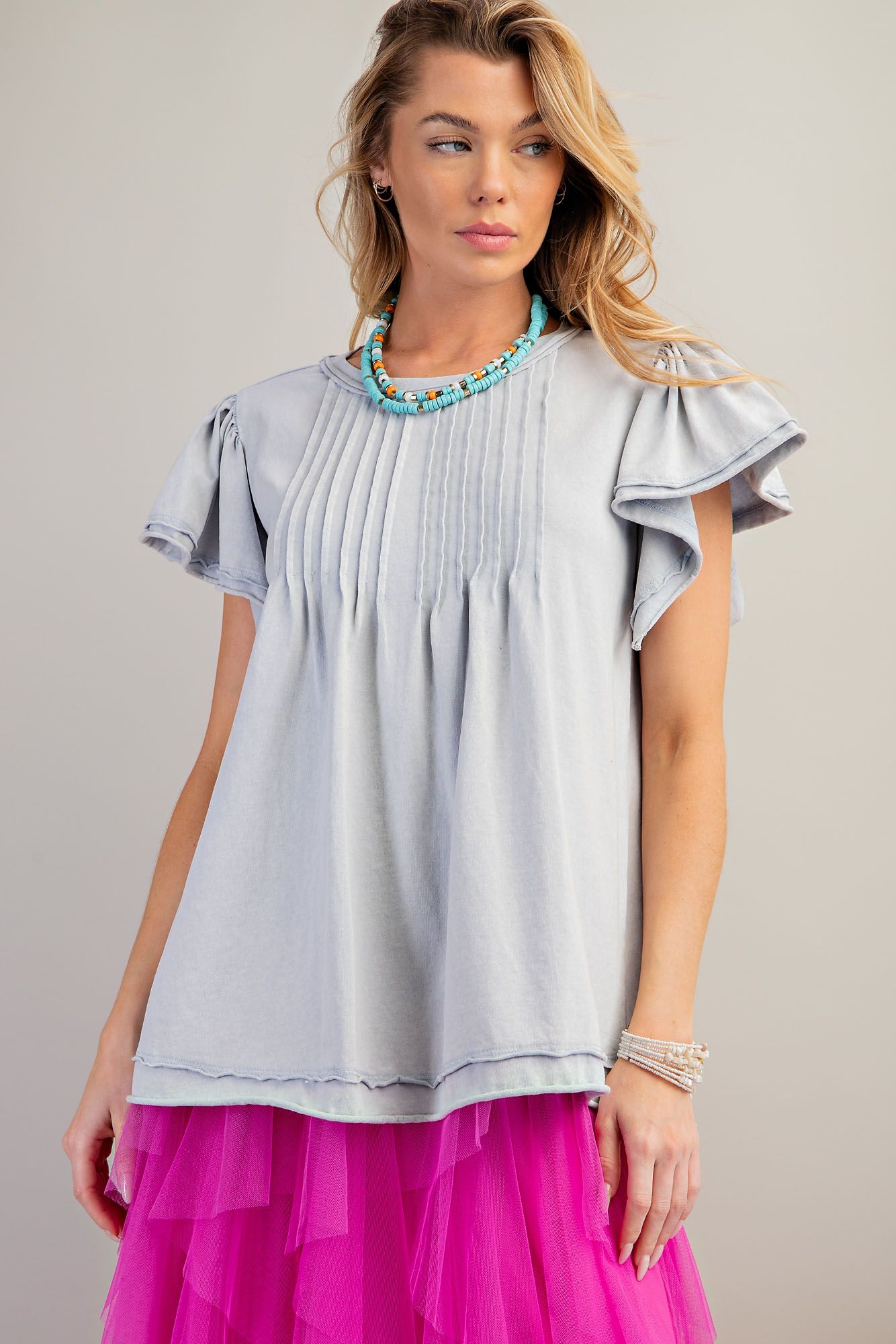 Ruffled Sleeve Pintuck top