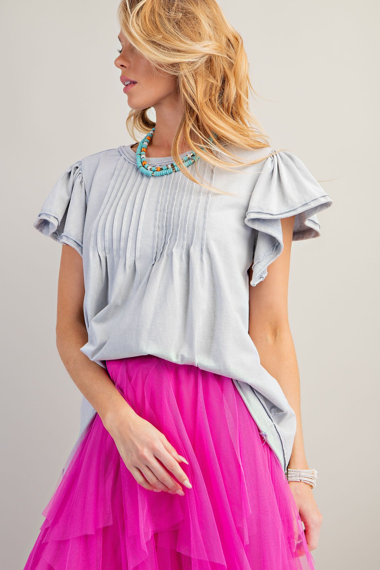 Ruffled Sleeve Pintuck top
