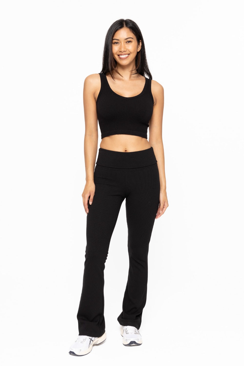 Knit Ribbed Foldover Flare Leggings in Black