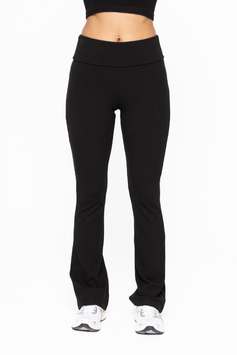 Knit Ribbed Foldover Flare Leggings in Black