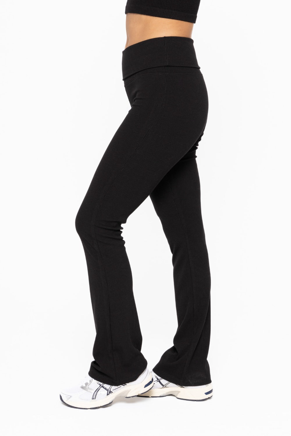Knit Ribbed Foldover Flare Leggings in Black