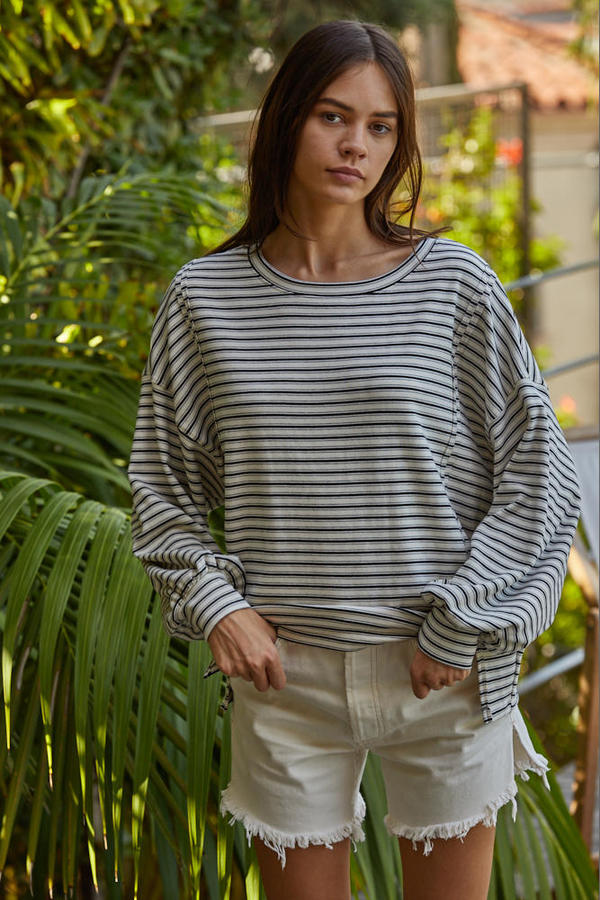 Cotton Rayon Multi Stripe Round Neck Long Sleeve Top With Front Slits in Cream/Black