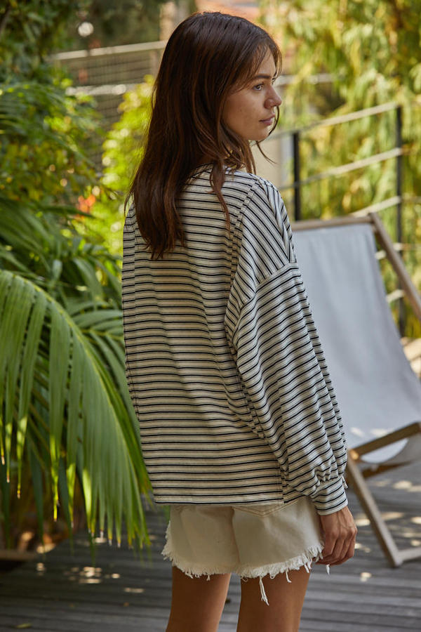 Cotton Rayon Multi Stripe Round Neck Long Sleeve Top With Front Slits in Cream/Black