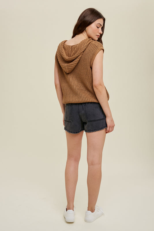 Open Knit Zip closure hooded vest in Mocha