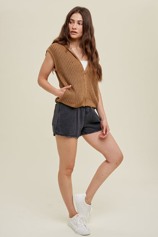 Open Knit Zip closure hooded vest in Mocha