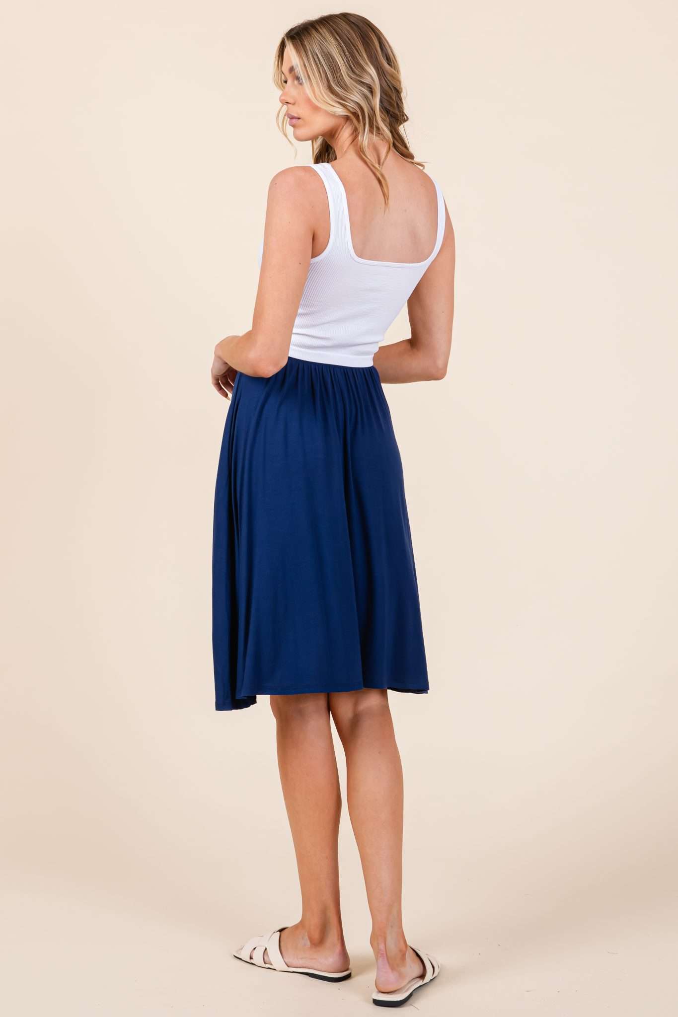 Elastic Waistband Skirt with Pockets in Navy
