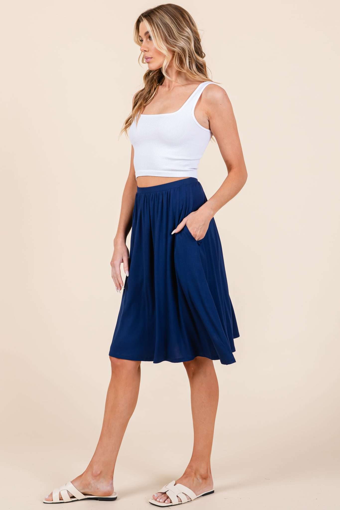 Elastic Waistband Skirt with Pockets in Navy