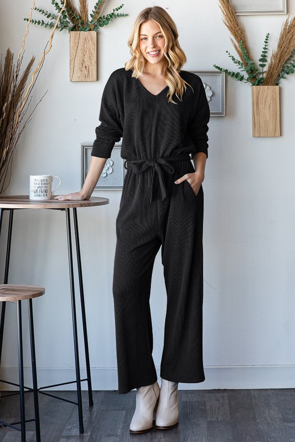 Plus Size V- Neck Ribbed Jumpsuit in Black
