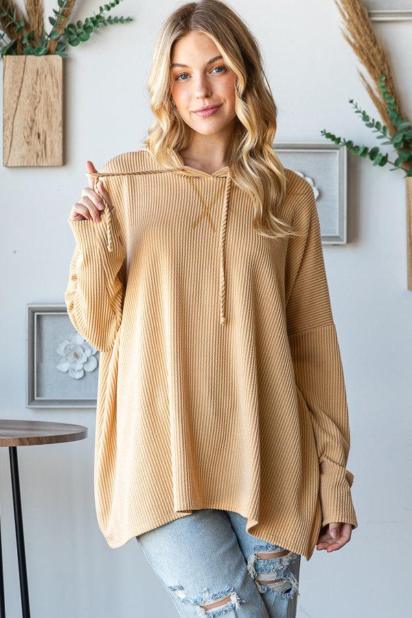 Hooded Ribbed Top in Light Mustard