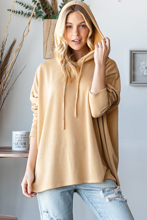 Hooded Ribbed Top in Light Mustard
