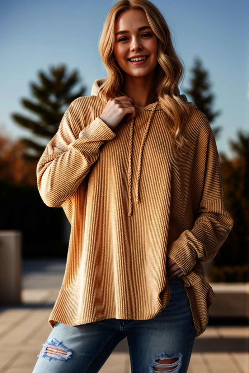 Drawstring Hooded Ribbed Top in Light Mustard