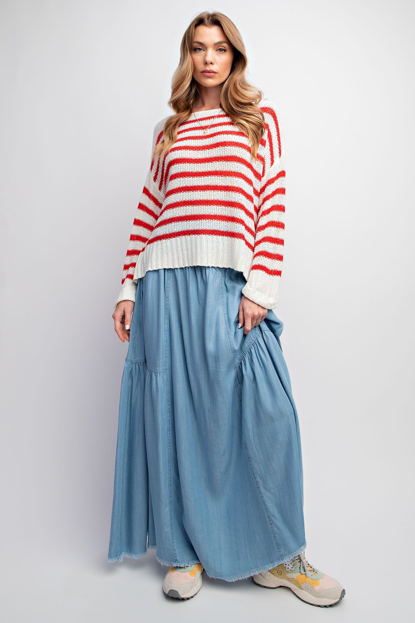 Open Knit Red and White Sweater