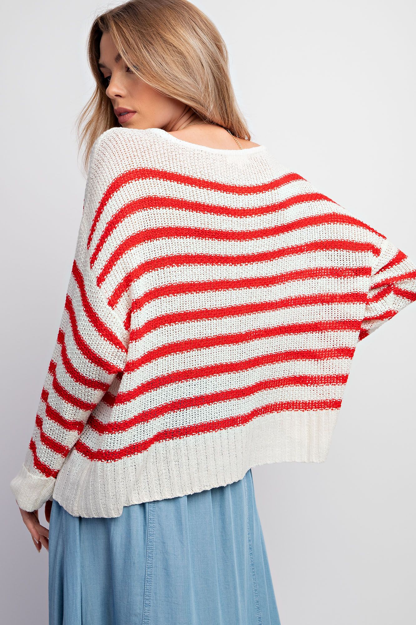 Open Knit Red and White Sweater