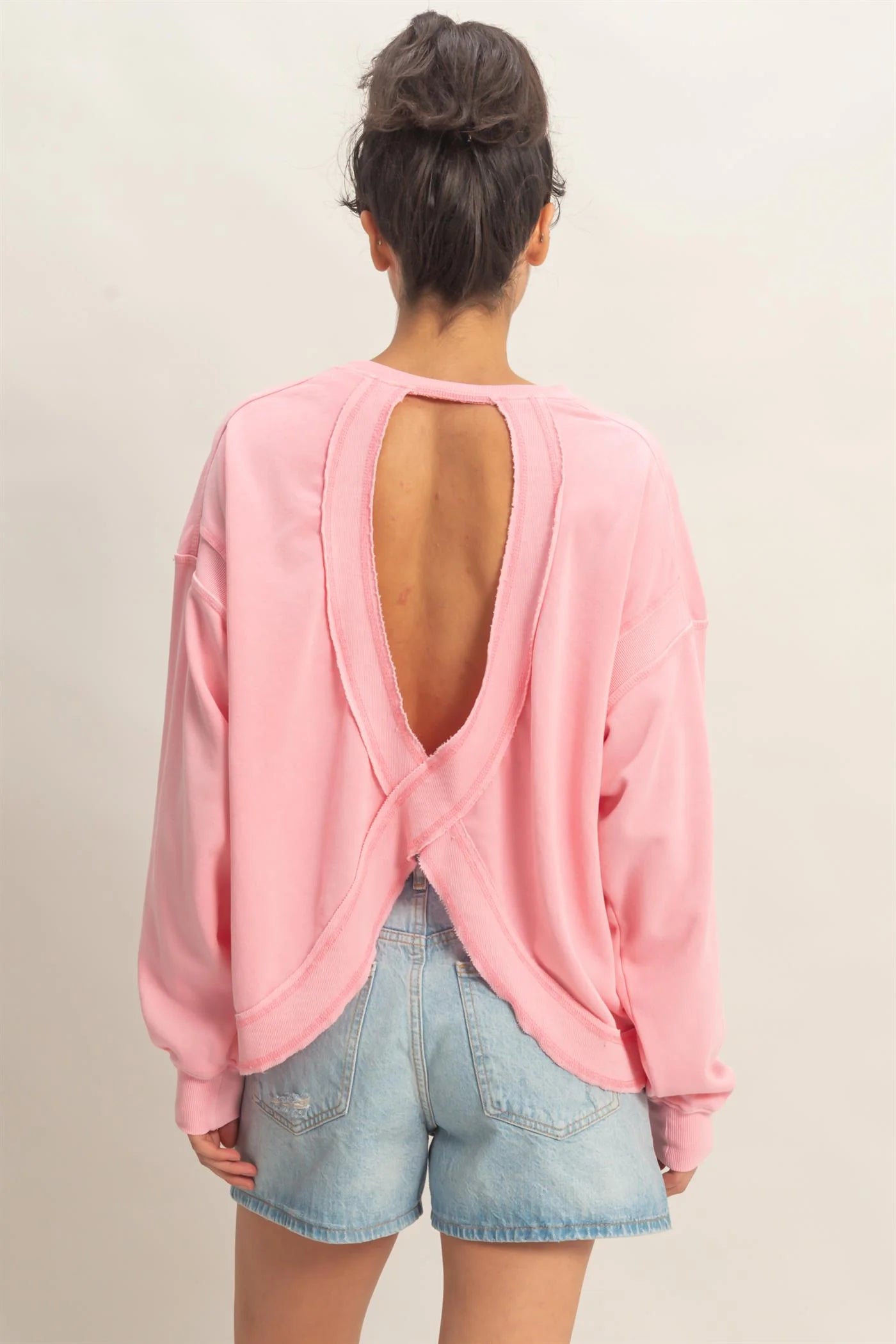 Terry Knit Open Back Top in Pink