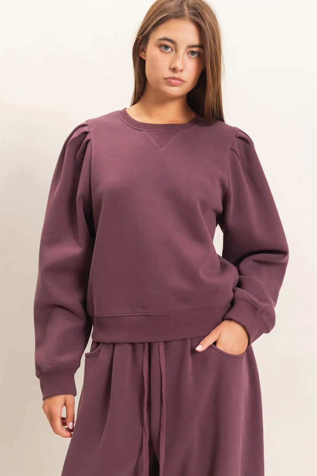 Puff Sleeve Crew Neck Sweatshirt in Cocoa