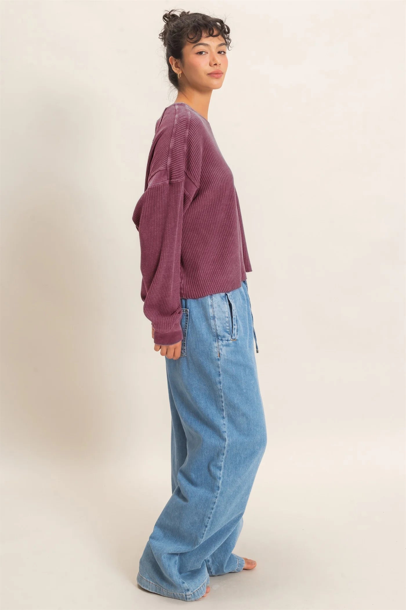 Waffle Knit Open Back Top in Dark Cherry