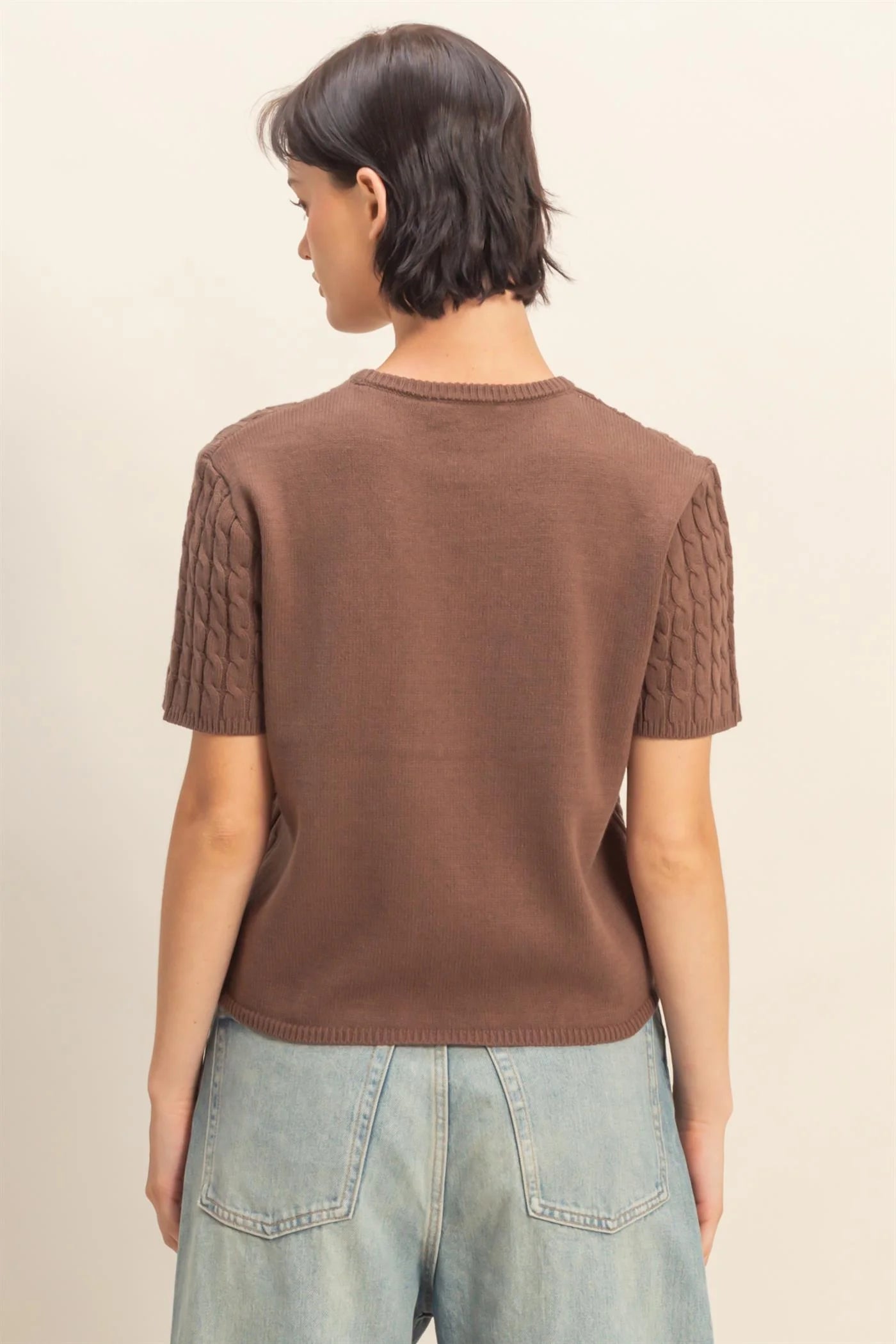 Cable Knit Short Sleeve Sweater in Chestnut