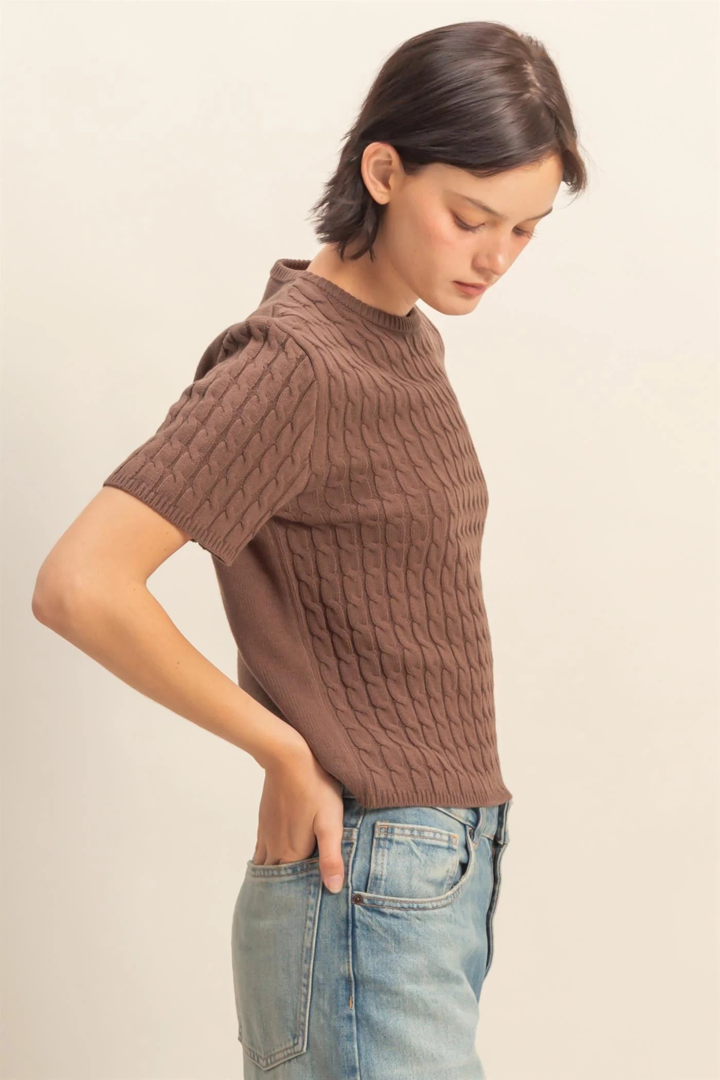 Cable Knit Short Sleeve Sweater in Chestnut