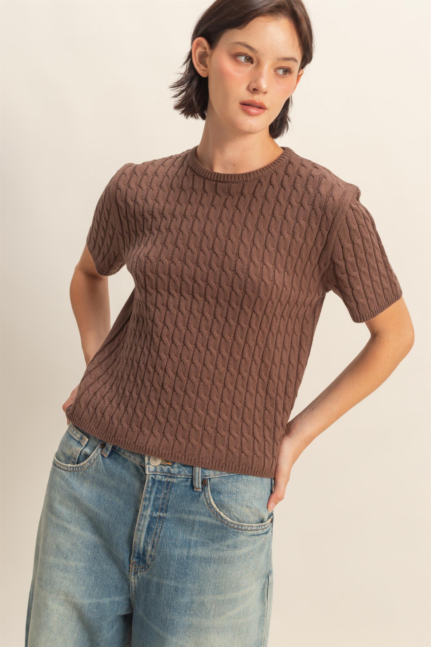 Cable Knit Short Sleeve Sweater in Chestnut